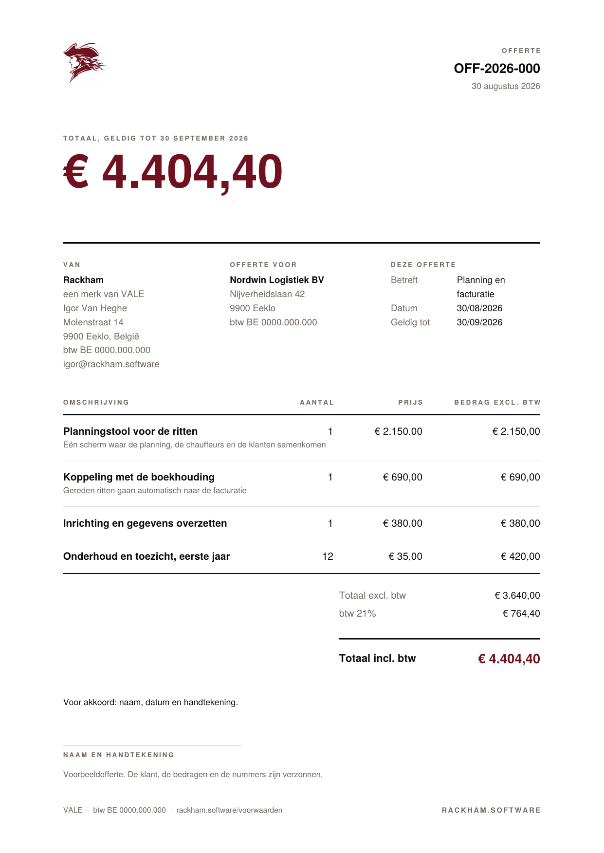 Een offerte uit Synapse, met het totaalbedrag bovenaan en de posten eronder. De klant en de bedragen zijn verzonnen.